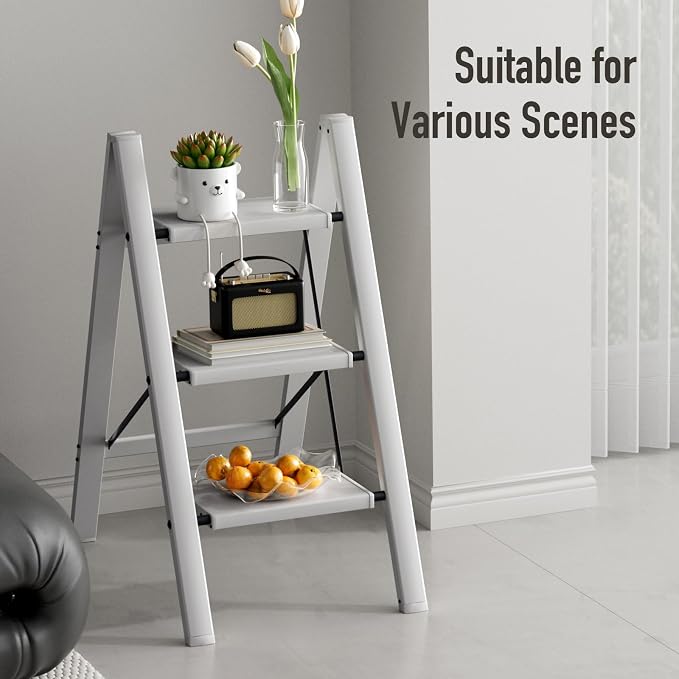 Mayi Plus 3 Step Stool Foldable, Aluminum, Lightweight Step Ladder | Extra-wide anti-slip folding steps with 330 lbs, for home,kitchen,office,outdoor,Grey