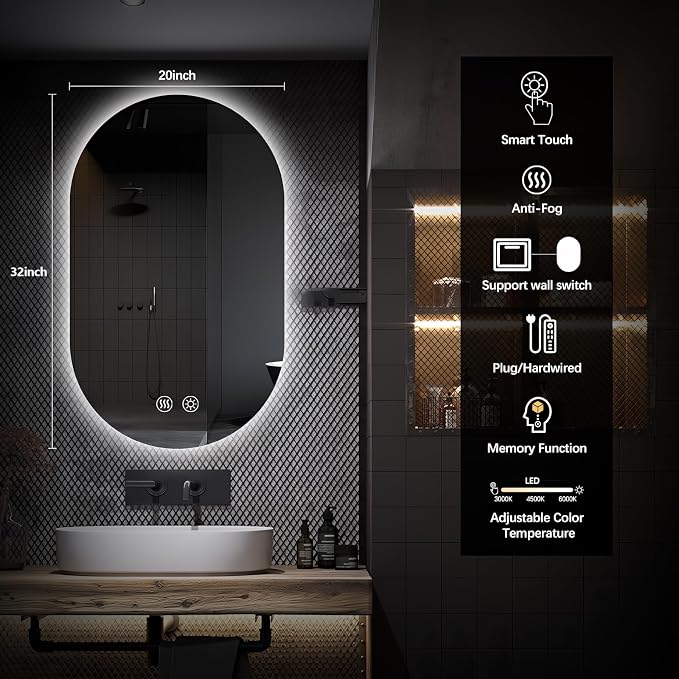 Niccy Oval LED Bathroom Vanity Mirror, 32x20inch Frameless Backlit Mirror with Light, Smart Anti-Fog Waterproof Mirror with Memory Function Dimmable Lighted Mirror