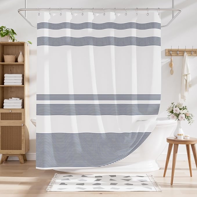 AmazerBath Navy Blue Shower Curtain, Blue and White Striped Bathroom Shower Curtain with 12 Shower Curtain Hooks, Rustic Fabric Blue and White, 72x72 Inches