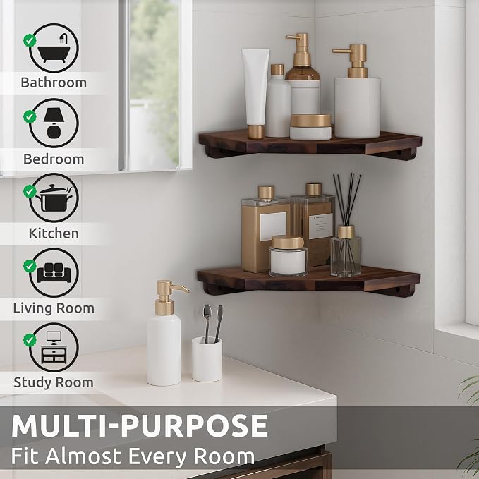 Demigo Hexagon Corner Floating Shelves, 2-Pack Acacia Wood Wall Shelf | Upgraded Wall Mounted Storage with Hidden Brackets, Modern Space-Saving Shelves for Bedroom Living Room Office Kitchen