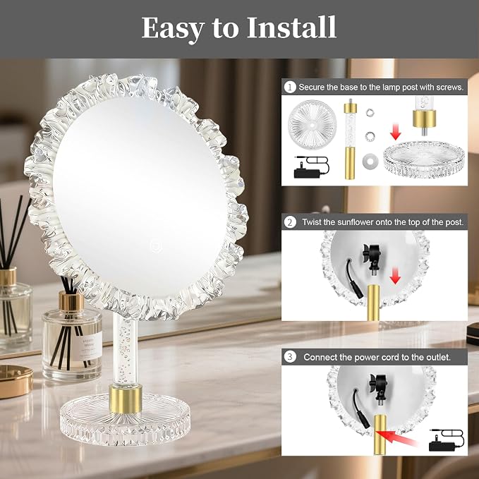 12-Inch Lighted Makeup Mirror, 3 Color Modes, Adjustable | Angle-Adjustable Vanity Mirror with 80 LED Lights; short press to change color temperature, long press for 0-100% dimming