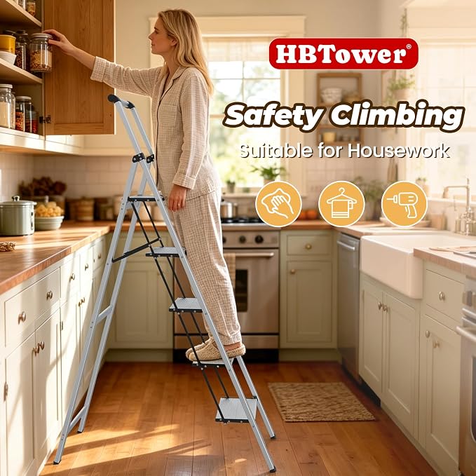 HBTower 5 Step Ladder, Lightweight Aluminum Folding Step Stool | Anti-Slip Wide Pedal, 330lbs Capacity Step Ladder for Household Kitchen Office, Light Silver