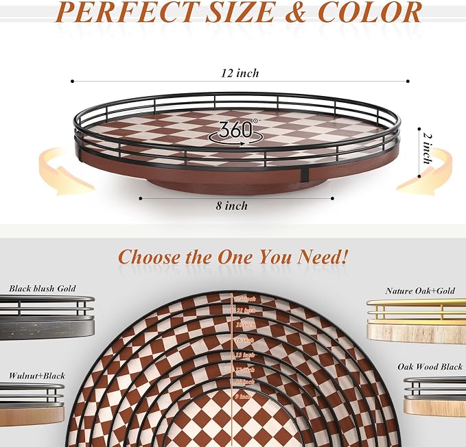 AMH 12-Inch Brown Checkerboard Lazy Susan with Black Metal Rail | Smooth rotating oak tray with walnut finish for dining tables, kitchen counters, pantries and cabinet storage.