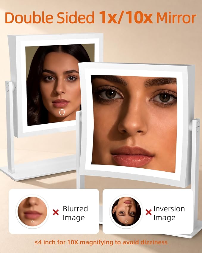 Ruacq Vanity Mirror with Lights, Dual Sided 1X/10X, White | 8",4000mAh Rechargeable, Magnifying Mirror with 3 Color Lights,Touch Control Dimmable, 360° Rotation, Square, Gift for Women