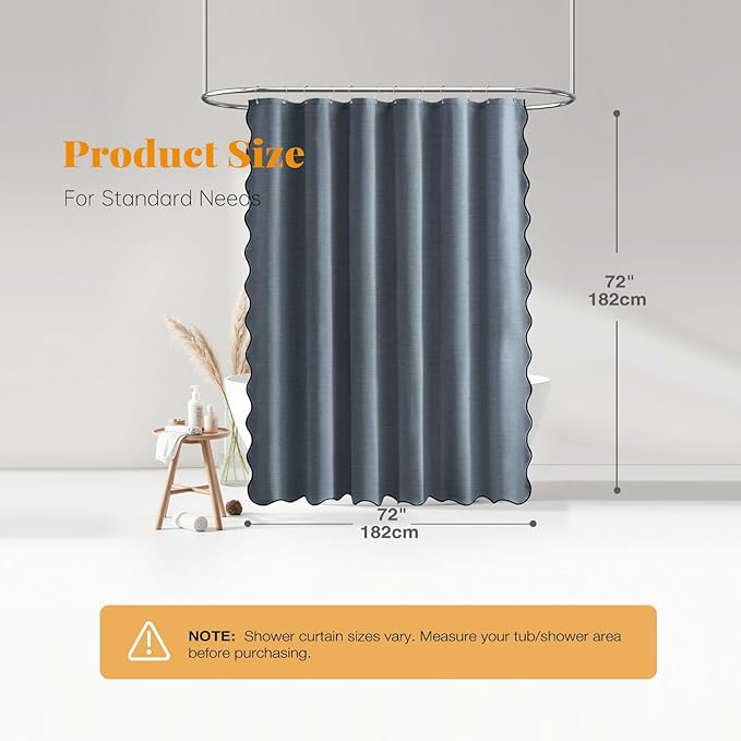 Blue Grey Boho Scalloped Linen Textured Cloth Shower Curtain, 72x72 | 230GSM Waterproof Polyester, Heavy Duty Fabric, 12 Plastic Hooks, Modern Farmhouse Style, Machine Washable, Bathroom Decor