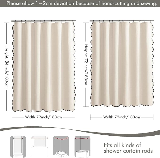 MIULEE 72"x84" Extra Long Scalloped Linen Shower Curtain Cream White | Linen Textured, Waterproof, Washable, 12 Metal Hooks, Heavy Duty Cloth, Black Border, Shower Curtain for Bathroom Bathtub