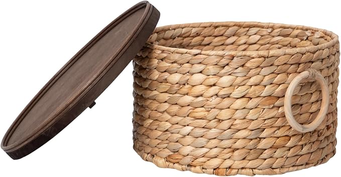 Water Hyacinth Storage Basket with Wooden Lid & Handles, 12.0" D x 6.7" H Handwoven Round Basket for Living room,Bathroom - Decorative Organizer for Home (Large)