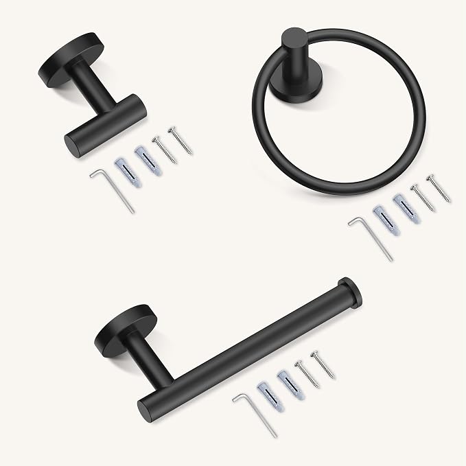 FORIOUS Bathroom Accessories Set, 4-Piece Bathroom Hardware Set | Matte Black | SUS304 Stainless Steel Towel Ring, 2 Towel Hooks, and Toilet Paper Holder Wall Mounted