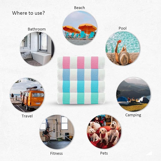 CASA COPENHAGEN Cabana Beach Towel Designed in Denmark Rough and Tough, Quick Dry, Beach, Pool, Bath & Shower 30x60 inches 4 Pieces Cotton Beach Bath Towels Set - Pink, Sky Blue, Water Blue, Teal