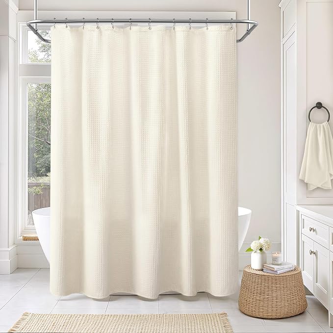 Long Waffle Weave Shower Curtain Heavyweight Cotton Fabric Ivory 72Wx78L | Soft Cotton Cloth,3D Square Truely Waffle,Washable, Hotel Luxury Spa, Shower Curtains for Narrow Bathroom 12 Plastic Hooks