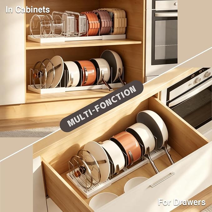 Magheo Pots and Pans Organizer Under Cabinet, Expandable 12.6"-22.8" Kitchen Cabinet Organizer Holder with 10 Adjustable Dividers for Food Storage Container Lid, Cookie Sheet, Cookware(1 Pack, White)