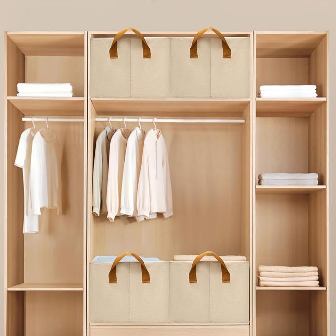 6 Pack Closet Cloth Storage Bins with Handles (Beige 15''L x 10''W x 8''H)