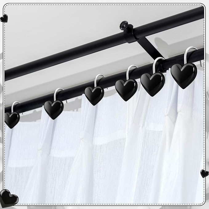 Yaocom 12 Pcs Black Heart Shower Curtain Hooks Rustproof Metal Bathroom | Decorative Shower Hangers Bulk Glide Curtain Rings for Bathroom Bedroom Living Room Art Decor, Classic Style Hangers
