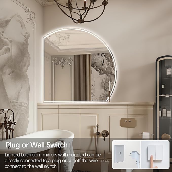 Niccy Half Moon Led Mirror for Bathroom, 40" Semi Round Backlit Mirror for wall Lighted Mirror with Frameless 3 Color, Defogger, Explosion-Proof, HD Glass and IP65 Vanity Mirror