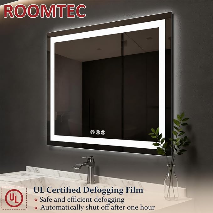 ROOMTEC 36x24 Inches LED Bathroom Mirror with Lights, Vanity Mirror with Front and Backlight, Smart Dimmable Anti-Fog LED Mirror for Bathroom, Memory Function, Tempered Glass (Horizontal/Vertical)