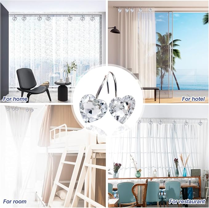 TOAOB 12 Sets Shower Curtain Hooks Rings Heart Bling Clear Rust Proof Stainless Steel Shower Rod Hangers for Decorative Curtains Bathroom
