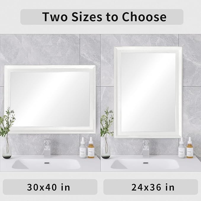Tanmicoshomy White Rectangle Bathroom Wall Mirror 30x40 Inch | Tempered Glass, 4 Pre-Installed D-Ring Hooks, Vertical/Horizontal Wall Mount for Bedroom Living Room