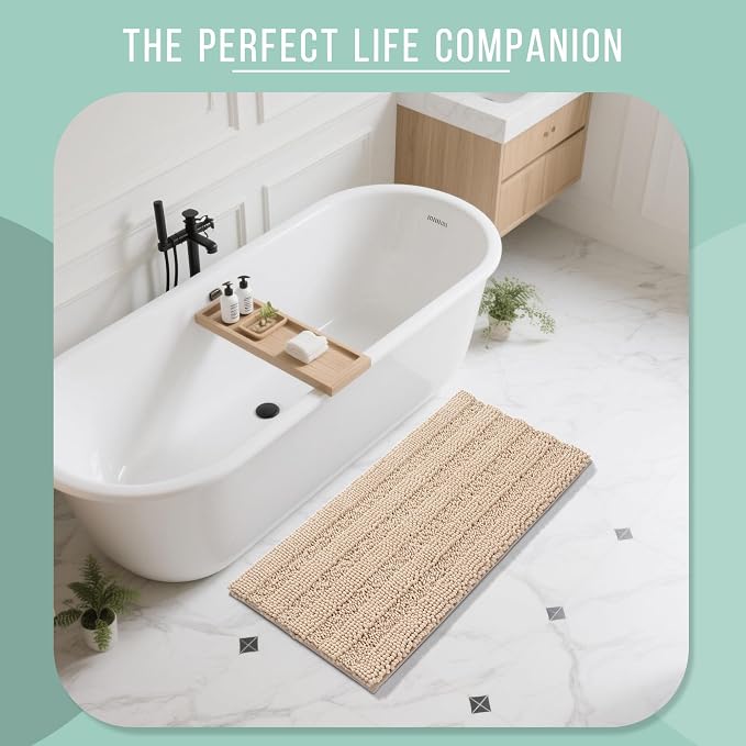 Yimobra Bathroom Rug Mat 47 x 24, Non Slip and Super Absorbent Bath Mat,Machine Washable Quick Dry,Ultra Plush Chenille Shower Rugs for Bathroom Floor Sink Tub and Shower Outside, Beige