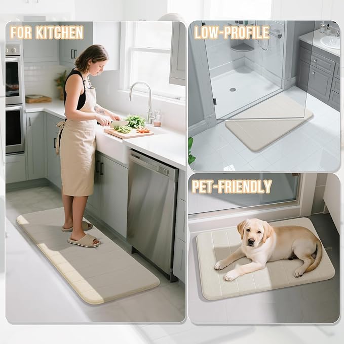 Yimobra Memory Foam Bath Mat Set 3 Pieces- Super Soft Absorbent Quick Dry Bathroom Rug Sets, Machine Washable Non Slip Floor Carpet for Tub Shower, Vanity & Toilet Base, Cream White