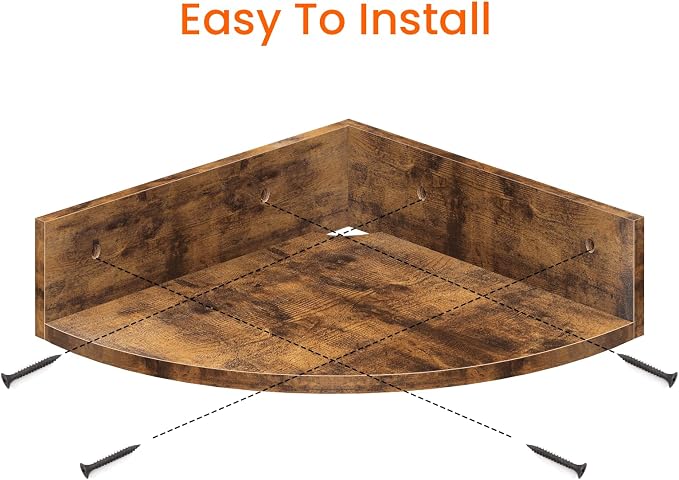 Corner Shelf Wall Mount, Set of 3 Floating Corner Shelves with Cord Hole, 3 Tier Wood Wall Display Shelf, Storage for Bathroom Living Room Kitchen Bedroom, Rustic Brown and Black