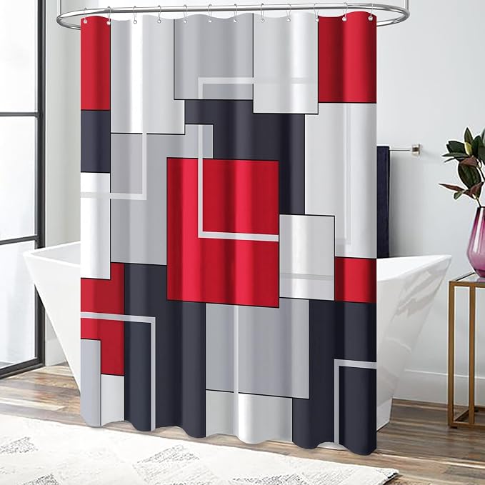 72 x 96 Long Modern Geometric Waterproof Fabric Shower Curtain, Red | Extra Tall, Premium Polyester, Weighted Hem, 12 Plastic Hook, Vibrant Color, Wrinkle-resistant, Quick-Dry, Machine Washable