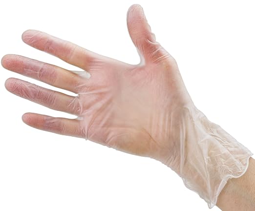 CARE PLUS Vinyl Gloves Clear Large, Disposable Latex Free, 100 Count | Powder free exam grade protection for food service, salons & housekeeping; ambidextrous, tear resistant, comfortable fit