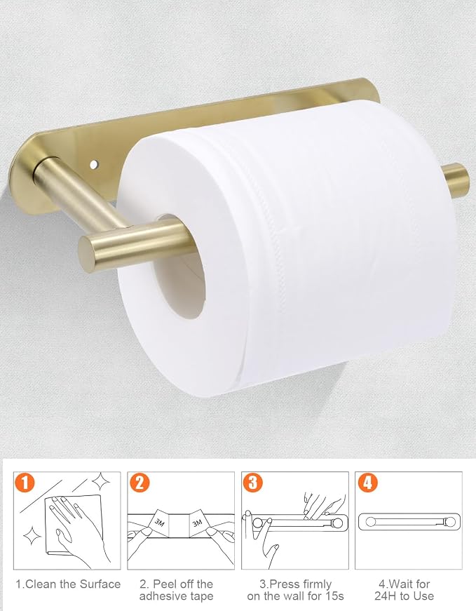 YUET Toilet Roll Holder, Self Adhesive or Screw in Wall Mounted Options, Double Post Pivoting Tissue Roll Holder, Stainless Steel Rustproof Stick On No Drilling Wall Mount for Bathroom, Brushed Gold