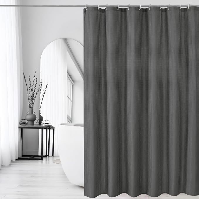 Long Charcoal Grey Fabric Shower Curtain, 72 x 78 | Tall Cloth-Textured Shower Curtain for Bathroom, Water Repellent, Machine Washable