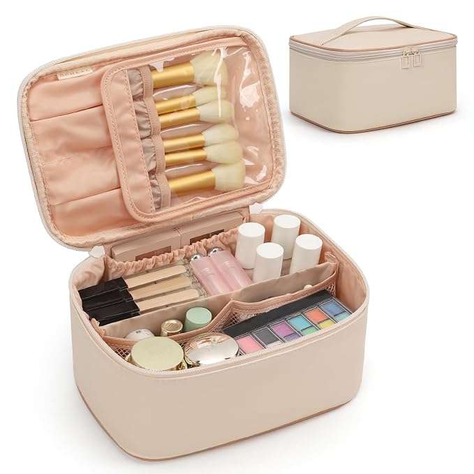 Beige Makeup Bag,Travel Makeup Organizer Bag, Large Capacity Cosmetic Bags For Women Large Travel Toiletry Bag Girls Traveling With Brush Slot And Divider-White