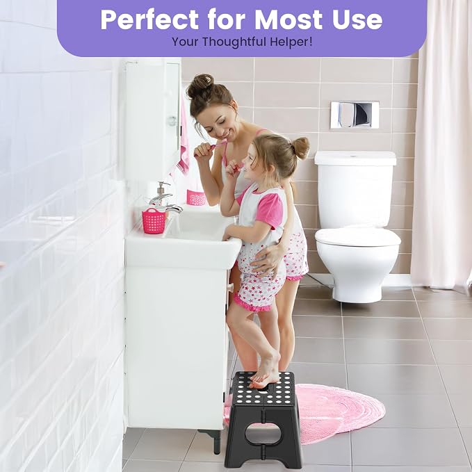 HBTower Folding Step Stool 9 Inch, 600 LBS Capacity with Safety Lock, Black | Compact Step Stool Foldable for Kids & Adults, Portable Carry Handle, Collapsible Foot Stool, Kitchen, Bathroom & Outdoor