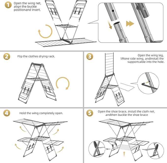 Clothes Drying Rack Foldable, 2-Tier Stainless Steel Heavy Duty Laundry Rack with Adjustable Height Wings, Sock Clips, Space Saving Drying Rack Clothing for Indoor & Outdoor, Apartment, Balcony