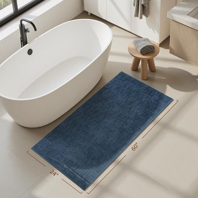 AMOAMI Bath Mat Non Slip Super Absorbent Quick Dry Bath Mats for Bathroom Floor Rubber Backing Washable Bathroom Rugs Modern Woven Jacquard Mat, Beside Tub Bath Rugs, 2' x 5', Blue