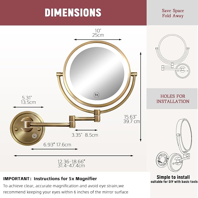 10" Large Brass Lighted Magnifying Makeup Mirror Wall Mounted for Bathroom | 3 Color LED Touch Sensor Dimmable, Double Sided 1/5X Vanity Beauty, 360 Extension Arm, Rechargeable, Brushed Antique Brass