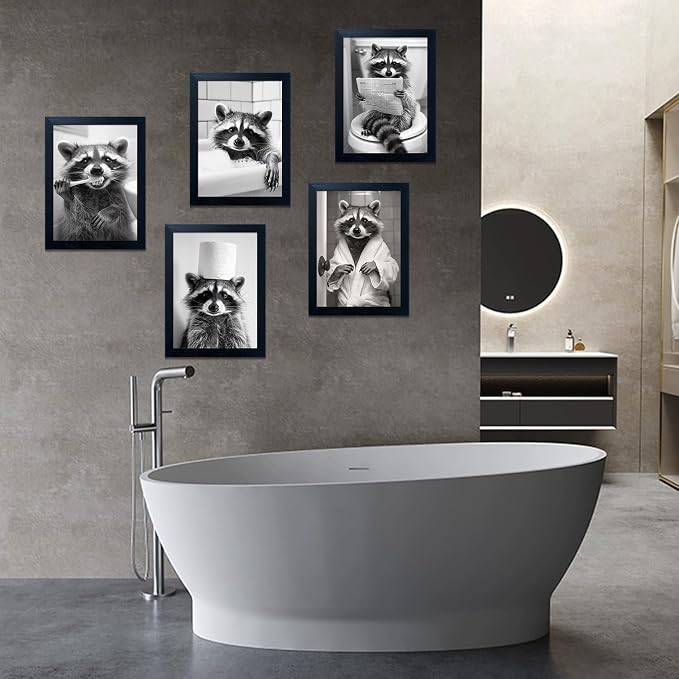 Black and White Bathroom Wall Decor Raccoon with Bathrobe Canvas Wall Art Toilet Animal Pictures Decor Art Bathroom Sign Artworks for Home