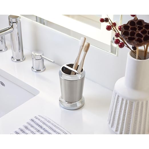 iDesign Preston Toothbrush Holder, Brushed & Chrome Split Finish | Stainless Steel, 3" x 3" x 4.5"