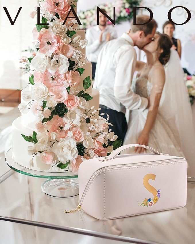 VLANDO Personalized Makeup Bag,Gifts for Women, Letter S,Off White | PU Leather Personalized Toiletry Bag,Open Flat Cosmetic Skincare Organizer,Gifts for Women,Bridesmaid,Teen