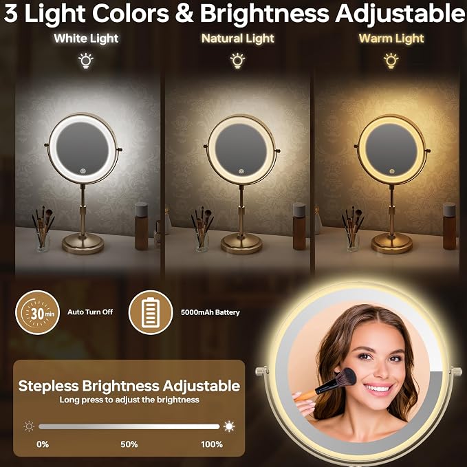 9" Lighted Makeup Mirror with 1X 10X Magnification, Brushed Nickel Finish | 5000mAh Rechargeable Magnifying Vanity Mirror Height Adjustable,Light Up,3 Colors,Dimmable,Cordless,Tall Telescoping Stand