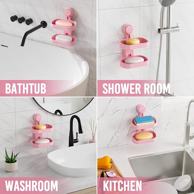 TAILI Soap Holder, Soap Dish for Shower Suction Cup, Bar Soap Holder, Pink | 2 Layer Removable Soap Holder Shower, Soap Tray for Shower Wall, Drill Free Sponge Holder, Bathroom & Kitchen, No drill