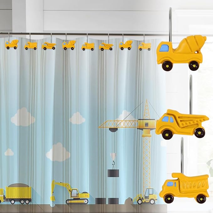 12-Piece Truck Construction Tractor Shower Curtain Hooks for Bathroom | Decorative Shower Curtain Hooks, Stainless Steel Shower Hangers Rings