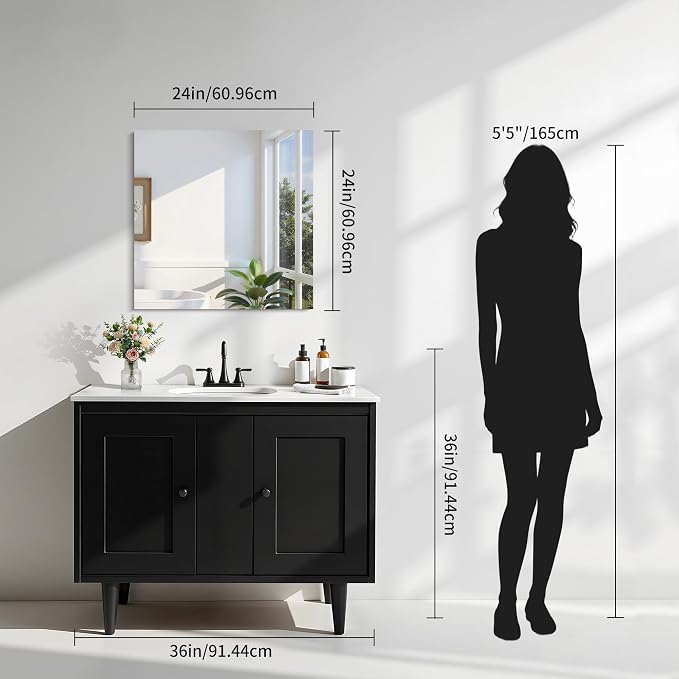 KOCUUY Frameless Mirror, 24"x24" Bathroom Mirror for Over Sink, Upgraded Shatterproof, Large Rectangle Unframed Mirror for Wall, Bathroom, Bedroom, Living Room, Entryway, Hang Horizontal/Vertical