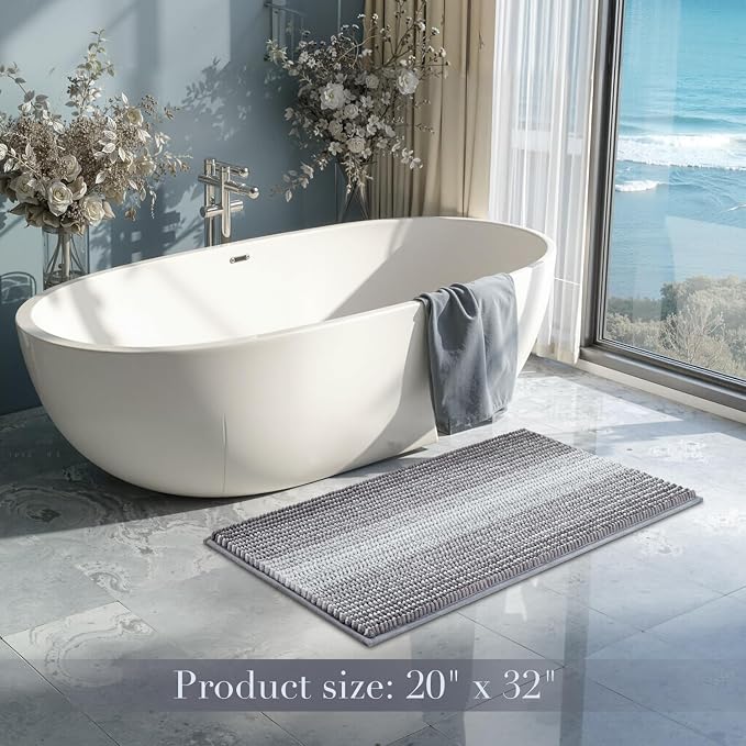 Bathroom Rugs, Bath Mat Non Slip 20 x 32 Inches Water Absorbent Chenille Floor Mats Machine Washable (Stone Blue)