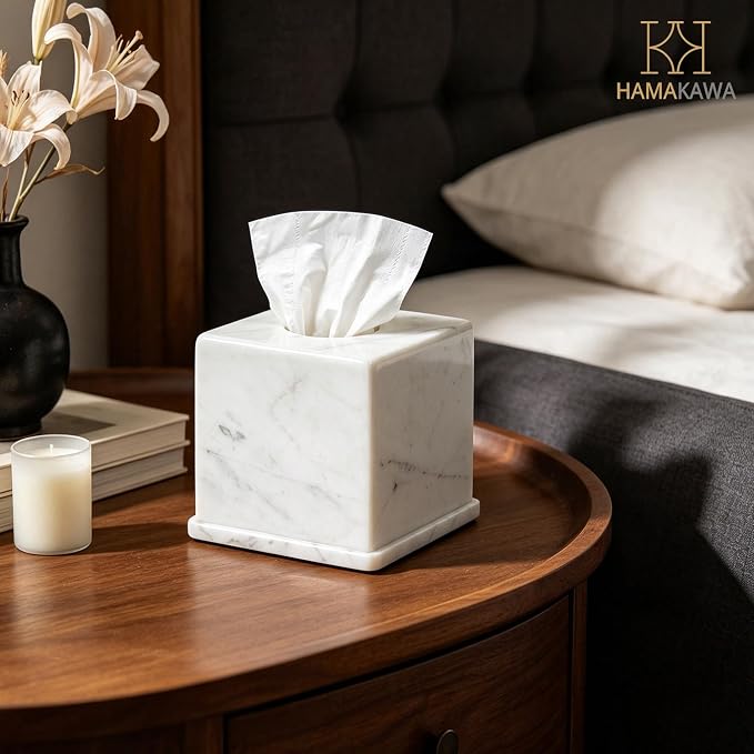 Natural Marble Tissue Box Cover, Volakas White Tissue Organizer 6 x 6 x 5.7 inch, Heavy Stone Decorative Box, Square Tissue Box Holder for Home Decor, Kitchen, Bathroom, Bedroom
