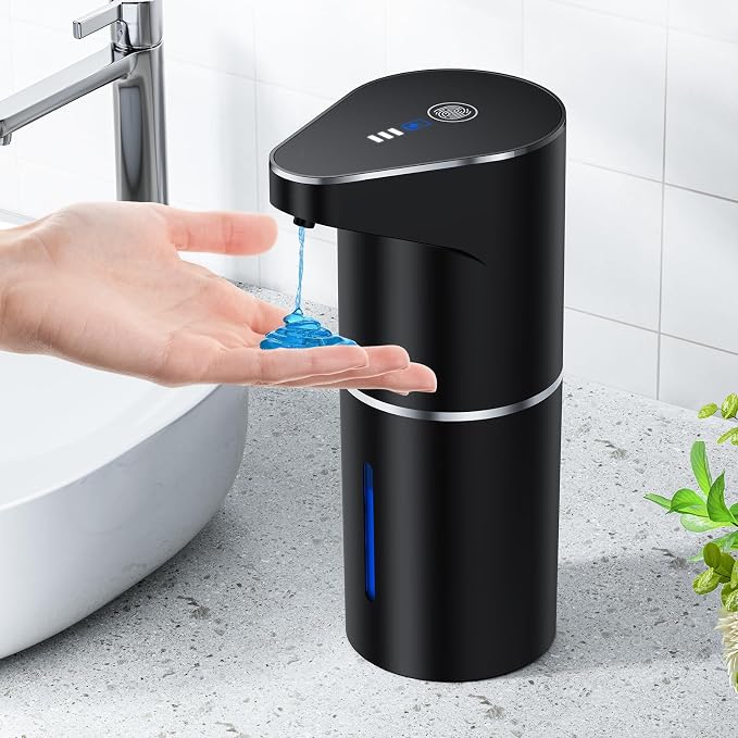 Fantictas Automatic Liquid Soap Dispenser, 3 Levels for Kitchen and Bath | For Hand and Dish Soap, Responsive Sensor, Type-C Charging, 90-day Use, Wall Mountable, IPX5 Waterproof, 350ML, Black Gel