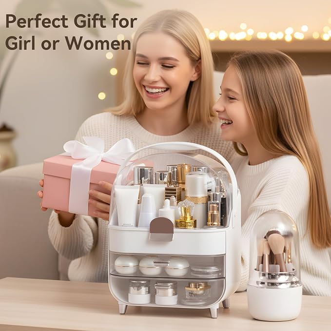 Makeup Organizer for Vanity with Brush Holder, Lid and 2 Drawers, Sliver | Large Capacity Bathroom Counter Organizer for Skincare, Cosmetic Storage, Dustproof, Waterproof, Teen Girl Gifts