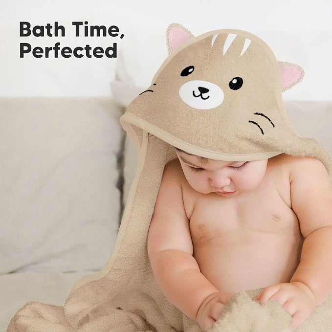 KeaBabies Hooded Baby Towel for Newborn, Baby Bath Towels (Cat, 35x35) | Viscose Derived from Bamboo, Large Baby Towels with Hood, Boys, Girls, Toddler, Soft Absorbent Baby Bath Essentials