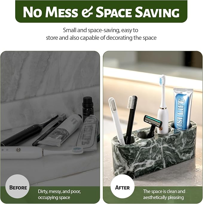 BCS Toothbrush Holder for Bathrooms, 4 Slots Marble Toothbrush and Toothpaste Holder Stand Bathroom Organizer Countertop for Electric Toothbrush, Floss, Razor, Comb - Verde
