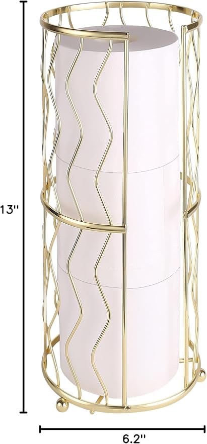 Decorative Metal Standing Toilet Tissue Holder for Bathroom/Powder Room, Compact Tissue Reserve for 3 Rolls of Toilet Paper Gold