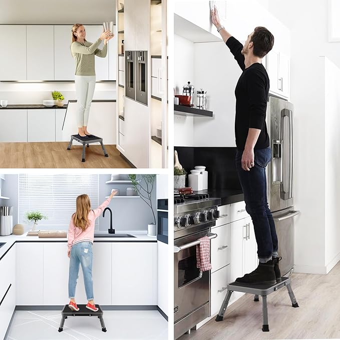 Valeo Folding Step Stool, Adjustable Step Stool with Non-Slip Platform, 330 Lbs Capacity, Step Ladder for Adults in Kitchen, Bathroom, RV, Camping, Office, Black