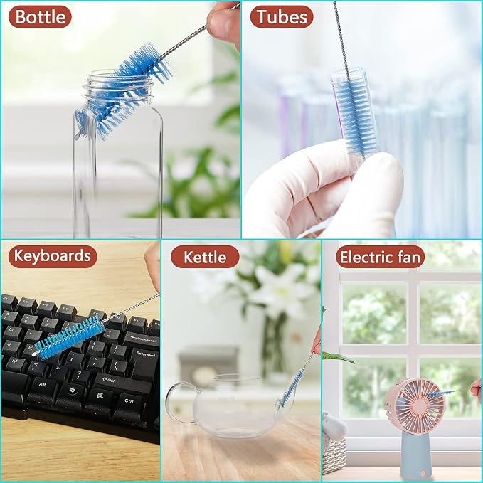 CiaraQ Bottle Cleaning Brushes, 8 Inch Nylon Tube Brush Set | Blue Cleaner for Narrow Neck Bottles Cups with Hook, Set of 10pcs.