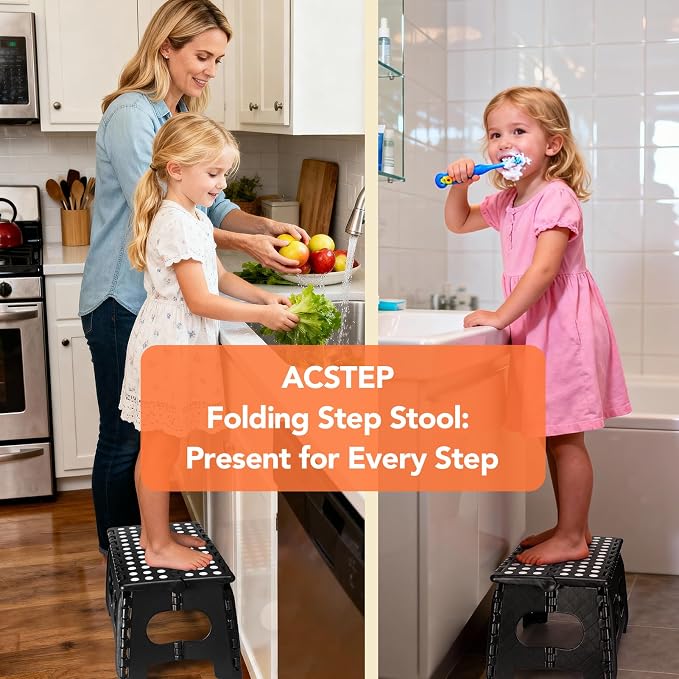 9 Inch Folding Step Stool, 15 Inch Extra-Wide, 300 lbs, Black | Non-Slip Heavy Duty Foldable Step Stool for Kids and Adults, Extra-Wide for Comfort and Stability, for Bathroom and Kitchen
